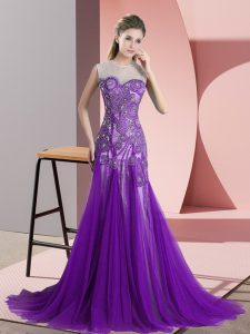Smart Purple Prom Evening Gown Prom and Party and Military Ball with Appliques Scoop Sleeveless Sweep Train Backless