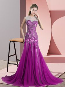 Superior Scoop Sleeveless Sweep Train Backless Prom Party Dress Purple Tulle