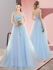 Custom Made Blue Evening Dress Prom and Party with Beading V-neck Sleeveless Sweep Train Lace Up