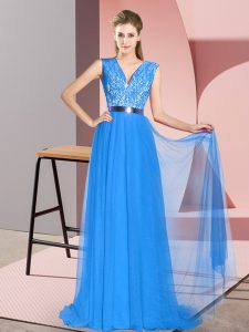 Enchanting Blue Homecoming Dress Tulle Sweep Train Sleeveless Beading and Lace