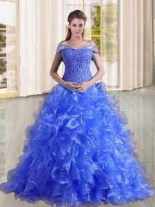 Blue Quinceanera Gowns Military Ball and Sweet 16 and Quinceanera with Beading and Lace and Ruffles Off The Shoulder Sleeveless Sweep Train Lace Up