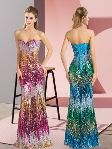 Unique Floor Length Column/Sheath Sleeveless Purple and Multi-color Dress for Prom Lace Up