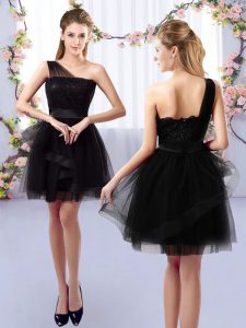 Beautiful Black A-line One Shoulder Sleeveless Tulle Mini Length Side Zipper Lace Quinceanera Court of Honor Dress