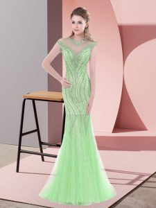 Cap Sleeves Tulle Sweep Train Zipper Prom Evening Gown in Apple Green with Beading