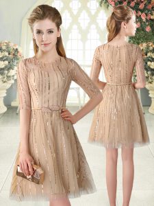 Tulle Scoop Half Sleeves Zipper Sequins Homecoming Dress in Champagne