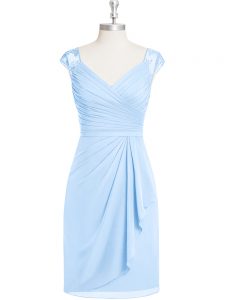 Light Blue Dress for Prom Prom and Party and Military Ball with Appliques and Ruching V-neck Cap Sleeves Zipper