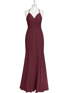 Elegant Burgundy Chiffon Criss Cross Prom Dress Sleeveless Floor Length Ruching