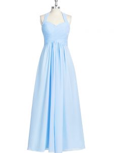 Ruching Prom Party Dress Blue Zipper Sleeveless Floor Length
