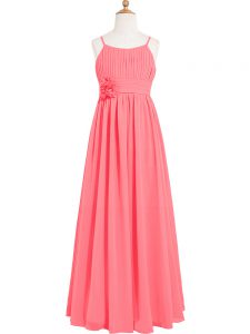 Watermelon Red Chiffon Zipper Scoop Sleeveless Floor Length Prom Gown Pleated and Hand Made Flower