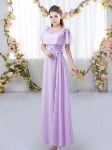 Lavender Short Sleeves Floor Length Appliques Zipper Quinceanera Dama Dress