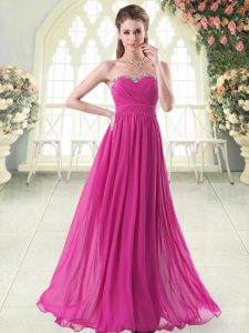 Delicate Fuchsia Sleeveless Beading Floor Length Prom Party Dress