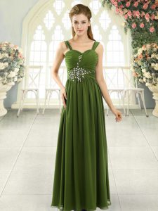 Spaghetti Straps Sleeveless Dress for Prom Floor Length Beading and Ruching Olive Green Chiffon