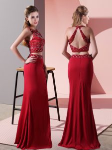Red Sleeveless Beading Floor Length Prom Party Dress
