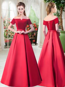 Smart Floor Length Red Prom Dresses Satin Short Sleeves Belt