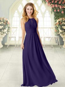 Floor Length Purple Prom Gown Chiffon Sleeveless Ruching