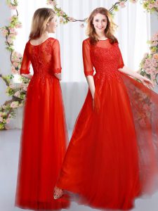 Most Popular Floor Length Zipper Quinceanera Dama Dress Red for Prom and Party and Wedding Party with Lace