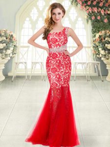 Red Sleeveless Beading and Lace Floor Length Homecoming Dress
