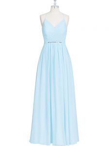 Graceful Light Blue Sleeveless Floor Length Ruching and Pleated Zipper Prom Gown