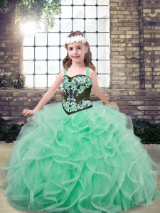 Floor Length Lace Up Kids Pageant Dress Apple Green for Party and Wedding Party with Embroidery and Ruffles
