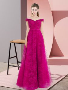 Beautiful Floor Length A-line Sleeveless Fuchsia Dress for Prom Lace Up