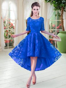 Half Sleeves High Low Lace Zipper Prom Gown with Blue