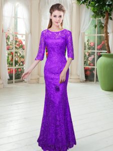 Purple Half Sleeves Floor Length Lace Zipper