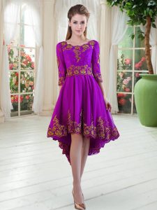 Purple Dress for Prom Embroidery Long Sleeves High Low