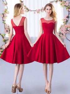 Flare Sleeveless Knee Length Ruching Zipper Bridesmaid Dress with Red