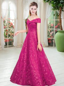 Fabulous Fuchsia Lace Up Off The Shoulder Beading Evening Dresses Lace Sleeveless