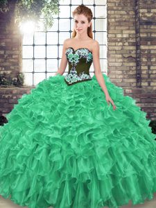 Latest Green Sweetheart Lace Up Embroidery and Ruffles Vestidos de Quinceanera Sweep Train Sleeveless