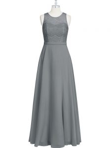 Lace and Appliques and Belt Dress for Prom Grey Zipper Sleeveless Floor Length