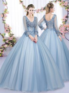 Ball Gowns Quince Ball Gowns Blue V-neck Tulle Long Sleeves Floor Length Lace Up