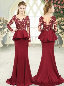 Satin Long Sleeves Evening Dresses Sweep Train and Lace and Appliques