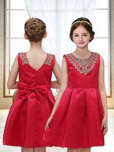 Mini Length Red Toddler Flower Girl Dress Satin Sleeveless Appliques