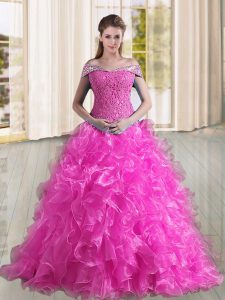 Fuchsia Off The Shoulder Lace Up Beading and Lace and Ruffles Sweet 16 Quinceanera Dress Sweep Train Sleeveless