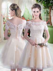 Comfortable Knee Length Champagne Prom Gown Off The Shoulder Short Sleeves Lace Up