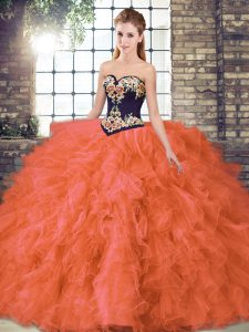 Orange Red Lace Up 15th Birthday Dress Beading and Embroidery Sleeveless Floor Length