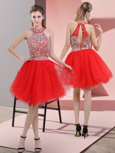 Red Two Pieces Organza Halter Top Sleeveless Beading Knee Length Backless Prom Dresses