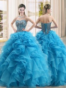 Comfortable Ball Gowns Quinceanera Dress Baby Blue Sweetheart Organza Sleeveless Floor Length Lace Up