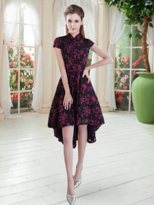 A-line Prom Party Dress Pink And Black High-neck Lace Short Sleeves High Low Zipper