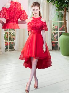 New Arrival Red A-line Lace Prom Dress Zipper Tulle Short Sleeves High Low