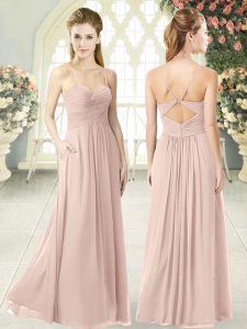 Eye-catching Pink Sleeveless Floor Length Ruching Criss Cross Prom Gown
