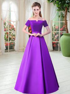 Purple Lace Up Prom Gown Belt Short Sleeves Floor Length