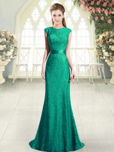 Elegant Turquoise Cap Sleeves Sweep Train Backless Dress for Prom for Prom and Party