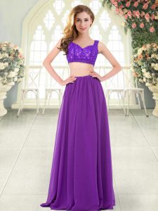 Floor Length Zipper Prom Gown Purple for Prom and Party with Beading and Lace