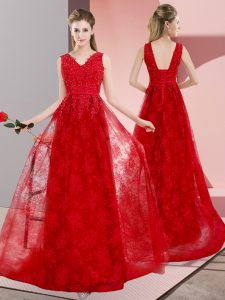 Flare V-neck Sleeveless Lace Dress for Prom Beading Sweep Train Lace Up