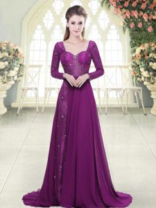 Beading Prom Evening Gown Purple Zipper Long Sleeves Brush Train