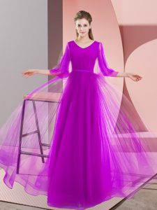 Shining Purple Tulle Lace Up V-neck Long Sleeves Floor Length Homecoming Dress Beading