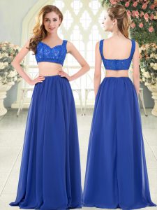 Luxury Royal Blue Zipper Prom Dress Beading and Lace Sleeveless Floor Length