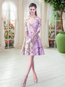 Latest Knee Length Lace Up Dress for Prom Lilac for Prom and Party with Ruching